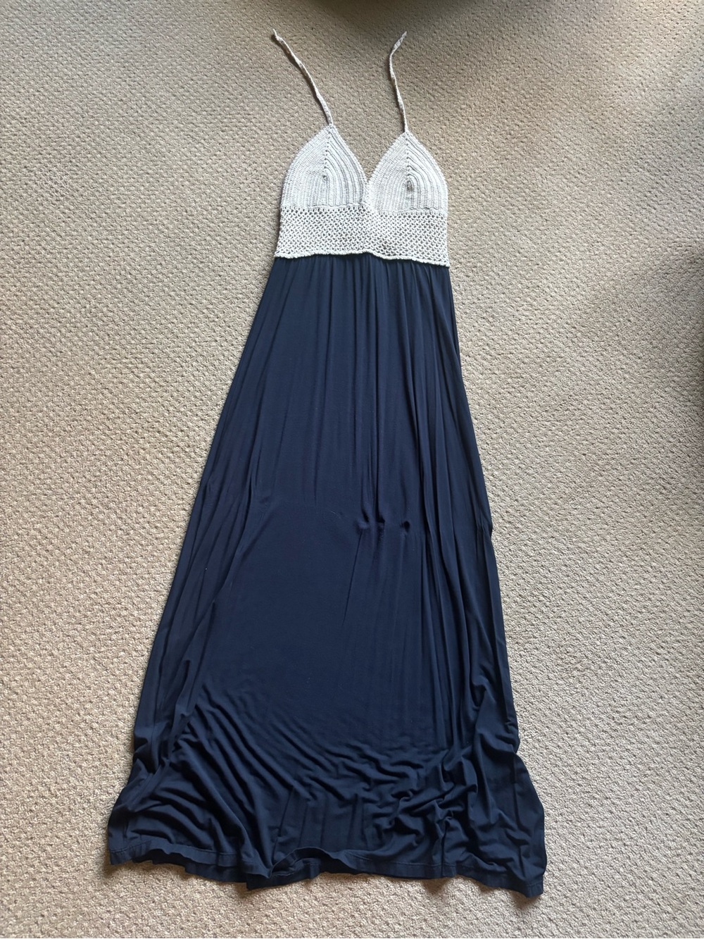 Navy Maxi Dress with Cream Crochet Halter Bodice